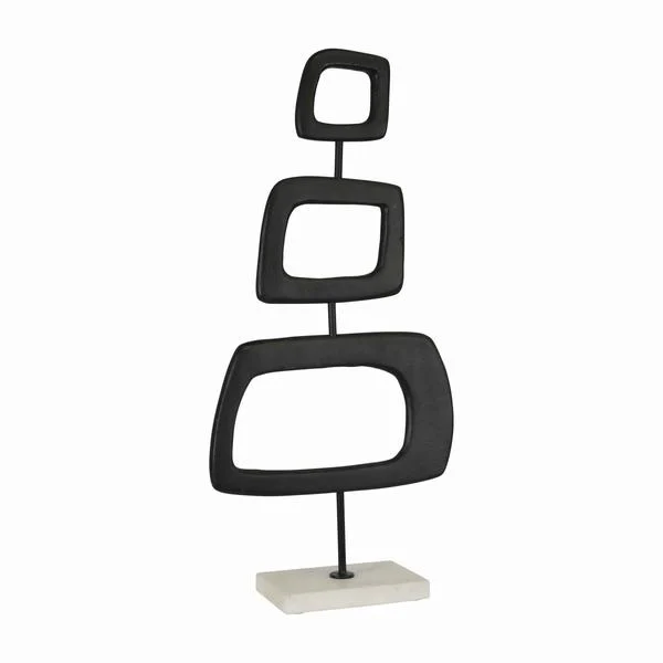 Benzara Industrial 3 Square Cut Out Design Metal Sculpture with Marble Base, Black