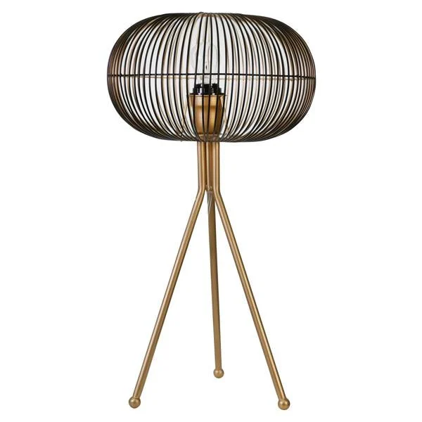 Benzara Metal Cage Design Sphere Table Lamp with Tripod Base, Black and Gold