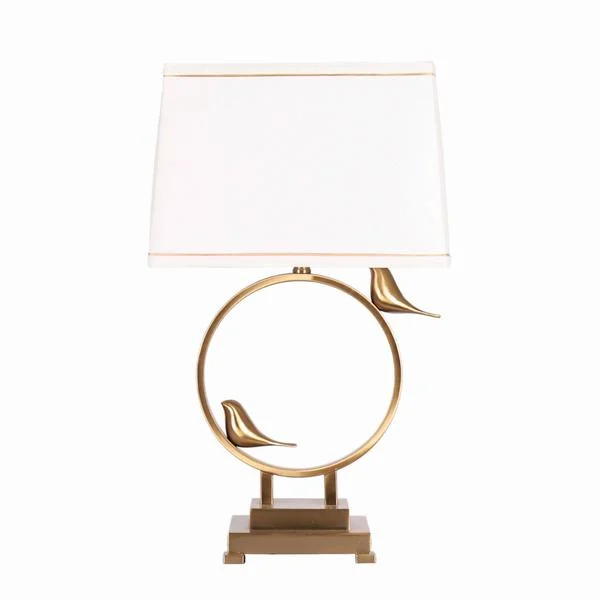 Benzara Rectangular Shade Table Lamp with Circular and Birds Metal Base, Gold