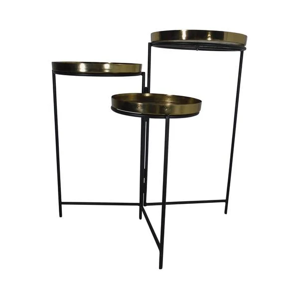 Benzara 3 Metal Tray Stand Planter with Tubular Frame, Brass and Black