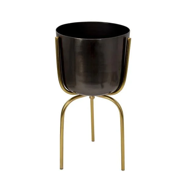 Benzara Round Metal Planter with Tripod Base, Large, Silver and Gold