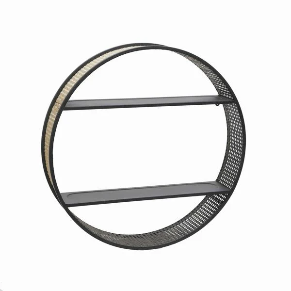 Benzara 2 Tier Mesh Round Frame Metal Wall Shelf with Mounting Hardware, Black