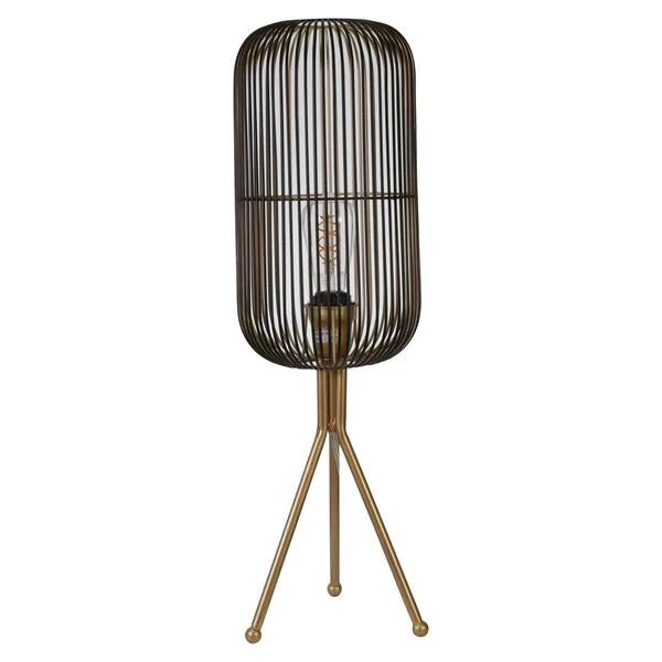 Benzara Metal Oval Cage Design Table Lamp with Tripod Base, Black and Gold