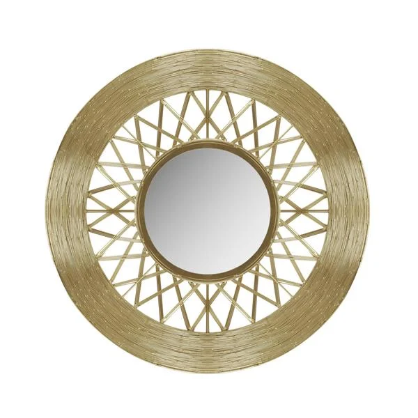 Benzara Contemporary Mirror with Woven Like Round Metal Frame, Gold and Silver