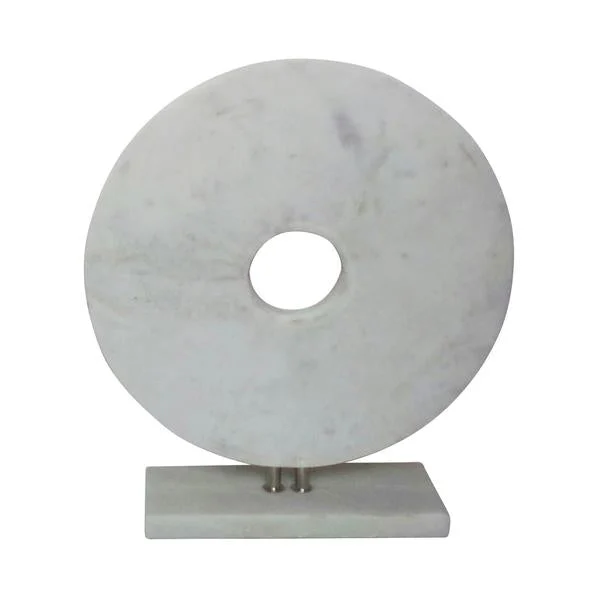 Benzara 6 Inches Marble Disk with Rectangular Base, White