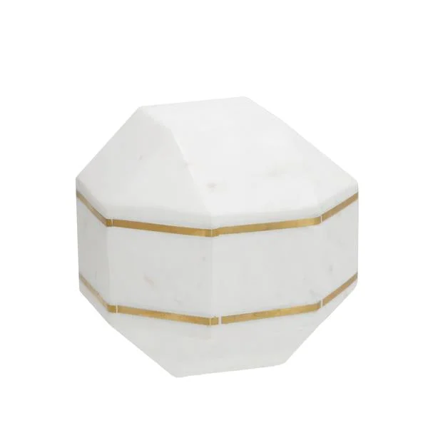 Benzara 6 Inches Marble Frame Octagonal Orb with Stable Base, White