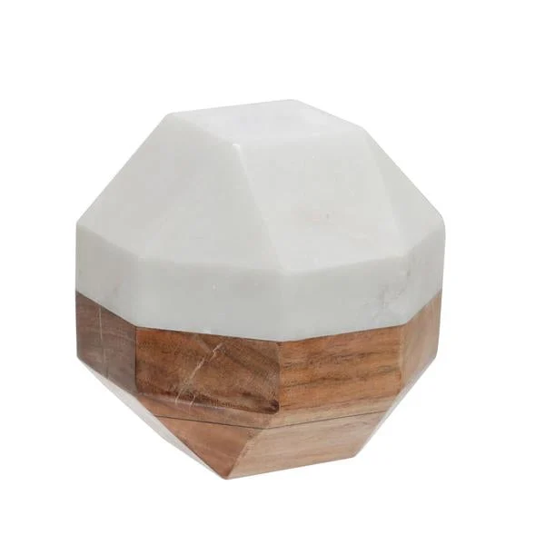 Benzara 6 Inches Marble and Wood Frame Octagonal Orb, Brown and White