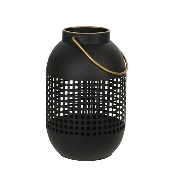 Benzara 11 Inches Caged Metal Frame Lantern with Handle, Black and Gold