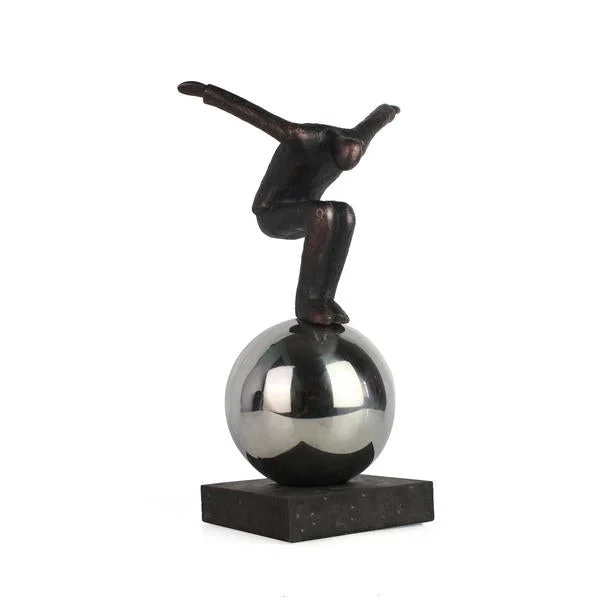 Benzara 12 Inches Balancing Man Sculpture on Sphere, Bronze and Silver