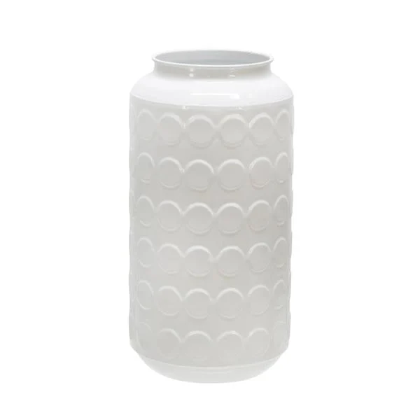 Benzara 12 Inches Spotted Metal Frame Vase with Round Top, Glossy White