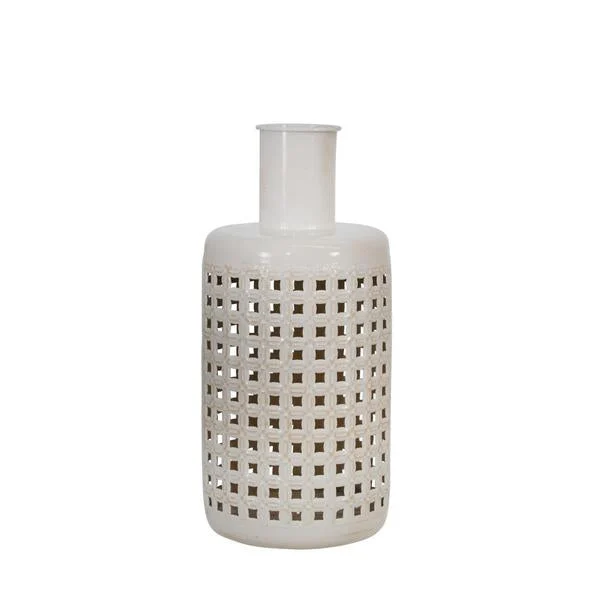 Benzara 13 Inches Metal Frame Jar with Cut Out Details, White