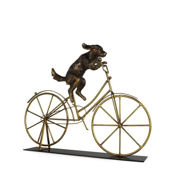 Benzara 14 Inches Metal Frame Dog on Bicycle Sculpture, Gold