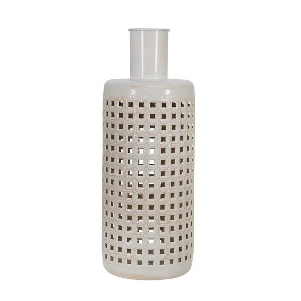 Benzara 15 Inches Metal Frame Jar with Cut Out Details, White