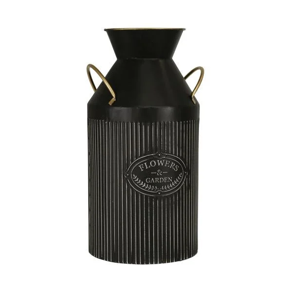 Benzara 16 Inches Ribbed Metal Frame Vase with Side Handles, Black and Gold