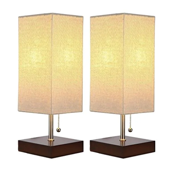 Benzara 14 Inches Wooden Frame Table Lamp with Chain Pull Switch, Set of 2, Brown