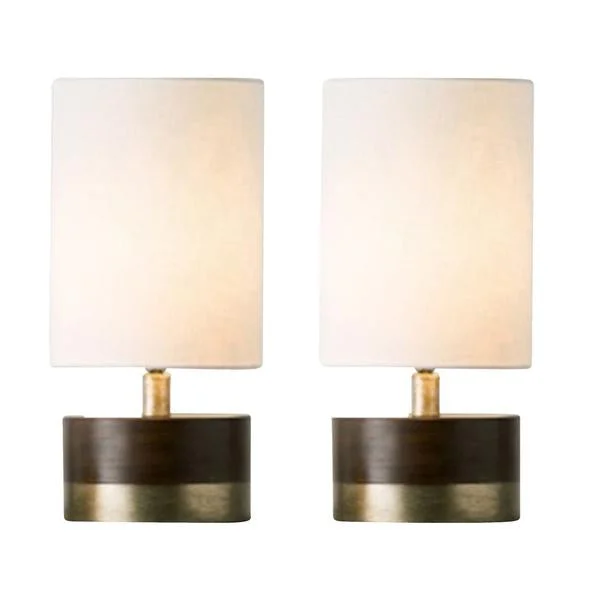 Benzara Metal Table Lamp with Fabric Cylindrical Shade, Set of 2, White and Brown