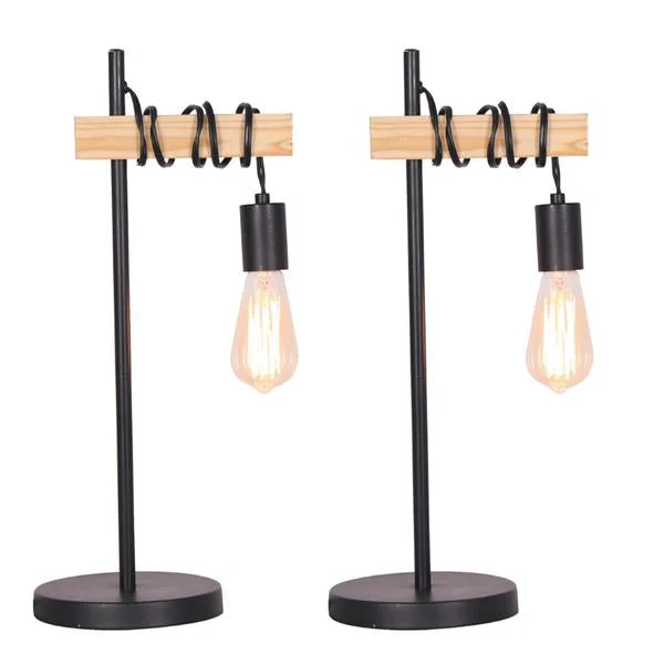 Benzara Hanging Bulb Wood and Metal Frame Table Lamp, Set of 2, Brown and Black