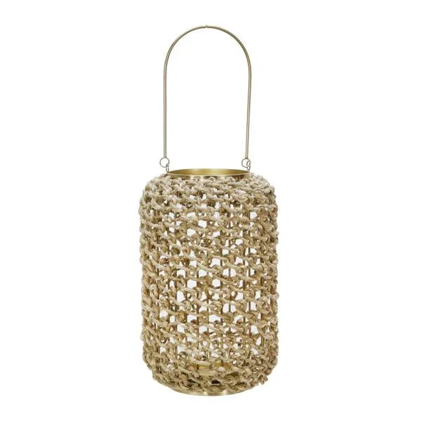 Benzara Cylindrical Rattan Lantern with Metal Frame and Handle,Large,Brown and Gold