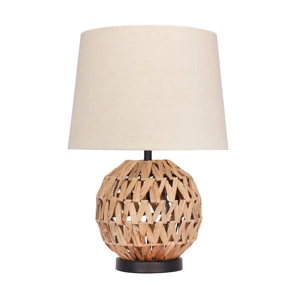 Benzara Metal Table Lamp with Spherical Woven Rattan Body and Fabric Shade, Brown