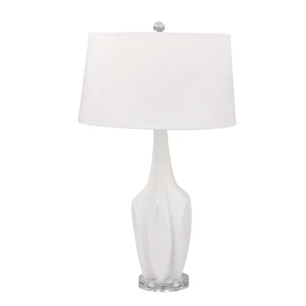 Benzara Resin Table Lamp with Multi Faceted Body and Fabric Shade, White