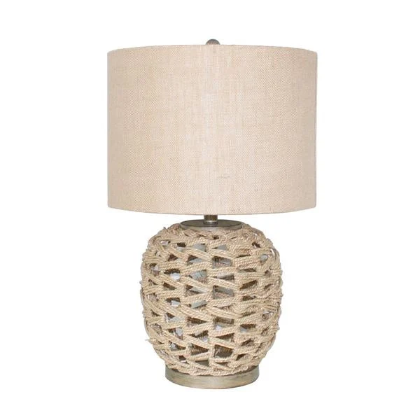 Benzara Fabric Drum Shade Table Lamp with Rope Woven Bellied Frame, Beige