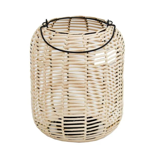 Benzara Woven Wicker Lantern with Round Metal Frame and Handle, Beige and Black