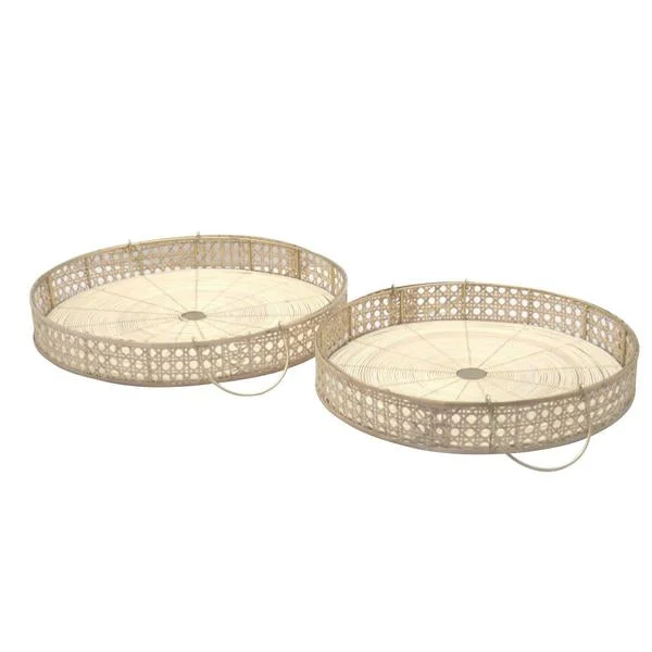 Benzara Round Metal Tray with Woven Rattan and Handles, Set of 2, Brown