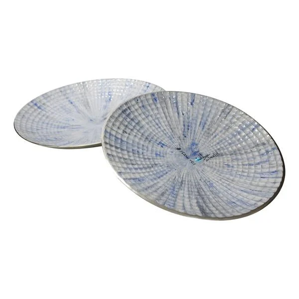 Benzara Round Metal Plate with Hammered Details, Set of 2 White and Blue