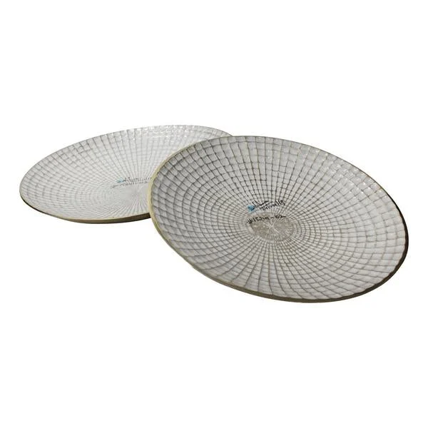 Benzara Round Metal Plate with Hammered Details,Set of 2 ,White and Champagne Gold