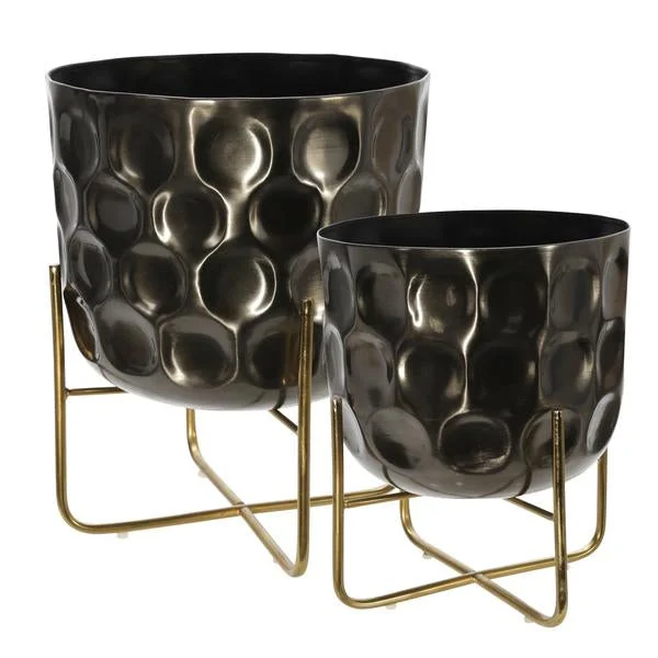 Benzara Metal Planter with Hammered Details and X shape Base, Seat of 2, Silver