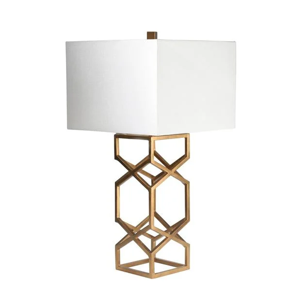 Benzara Metal Table Lamp with Open Design Geometric Base and Square Shade, Gold