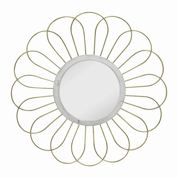 Benzara Metal Wall Decor with Round Mirror and Overlapped Flower Petals, Gold