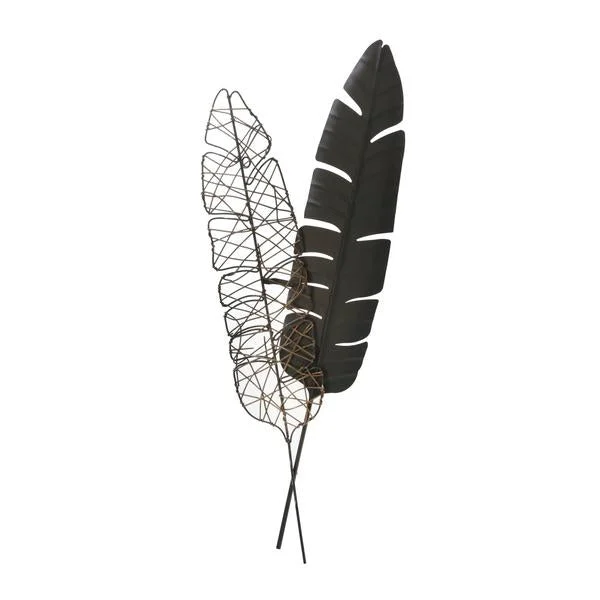 Benzara Feather Design Metal Wall Decor with Mounting Hardware, Set of 2, Black