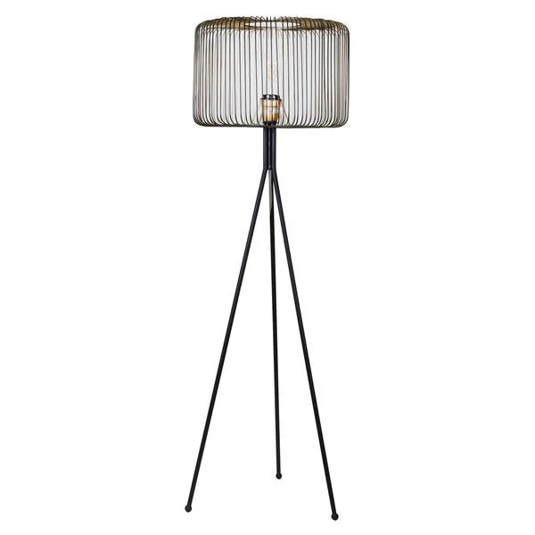 Benzara Metal Table Lamp with Cage Design Shade and Tripod Legs, Black
