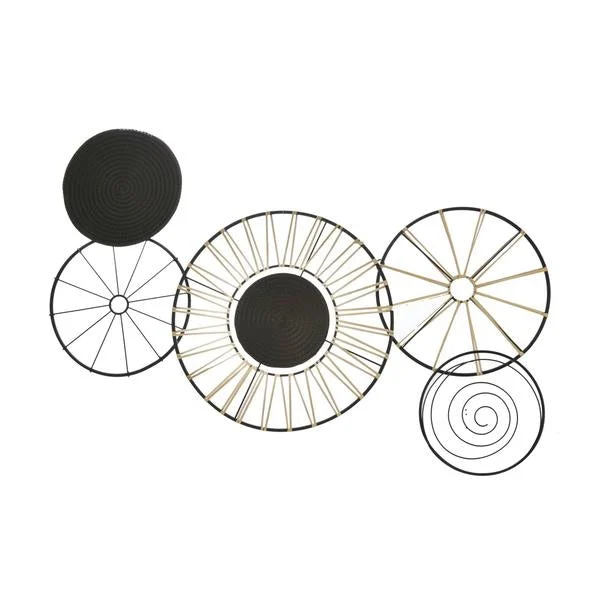 Benzara Circular 5 Piece Metal Wall Decor with Wheel and Plate Design, Black