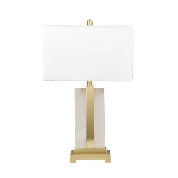 Benzara Metal Table Lamp with Alabaster Pedestal Base, Gold and White