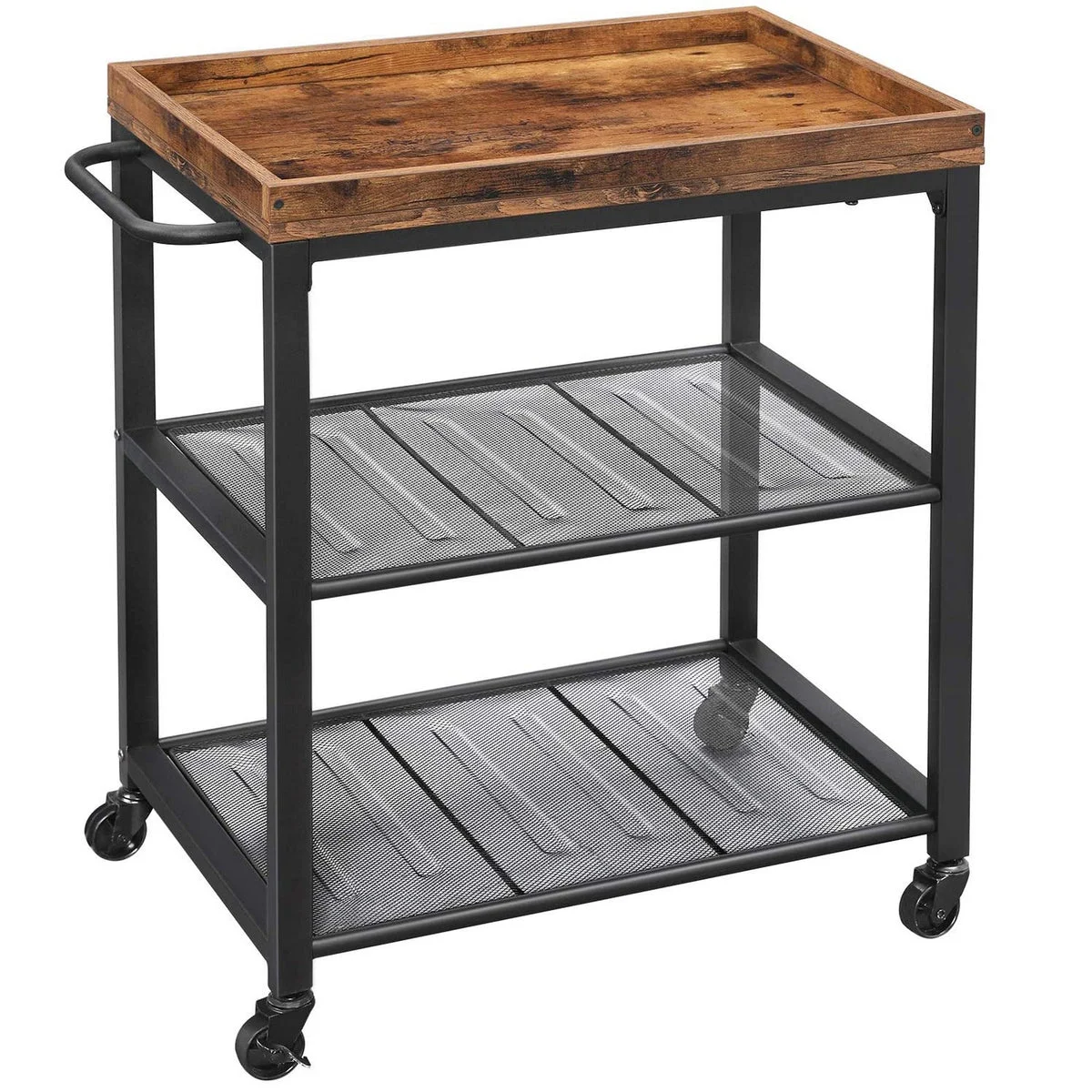 Benzara BM221275 Wood and Metal Frame Kitchen Cart with 2 Mesh Shelves, Brown and Black