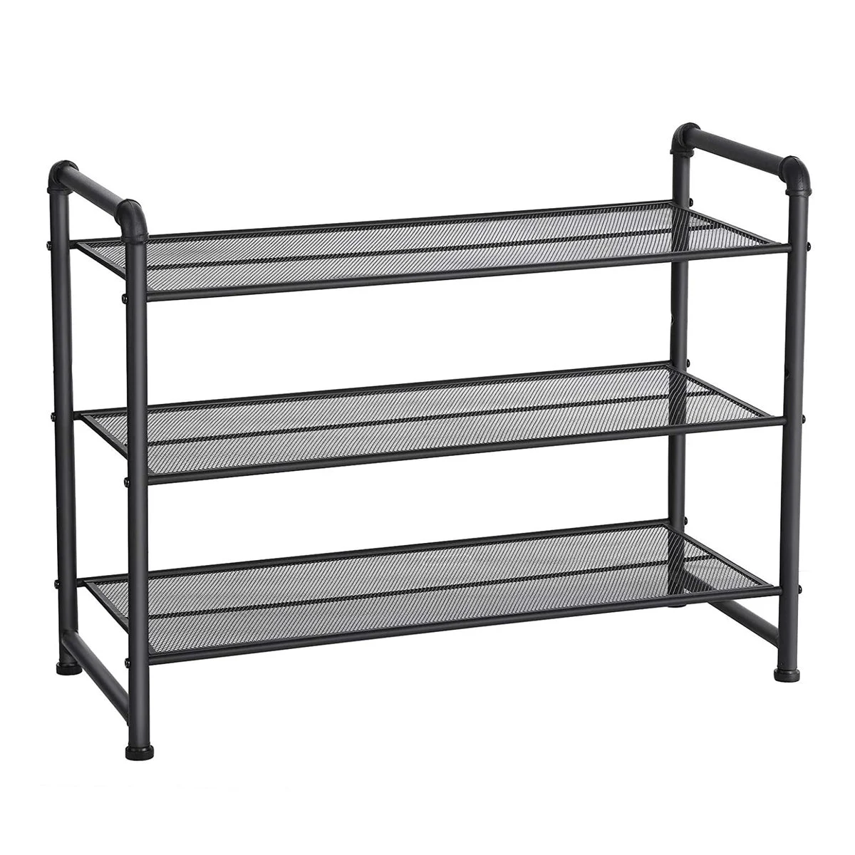 Benzara BM221281 3 Tier Metal Frame Shoe Organizer with Mesh Shelves, Black