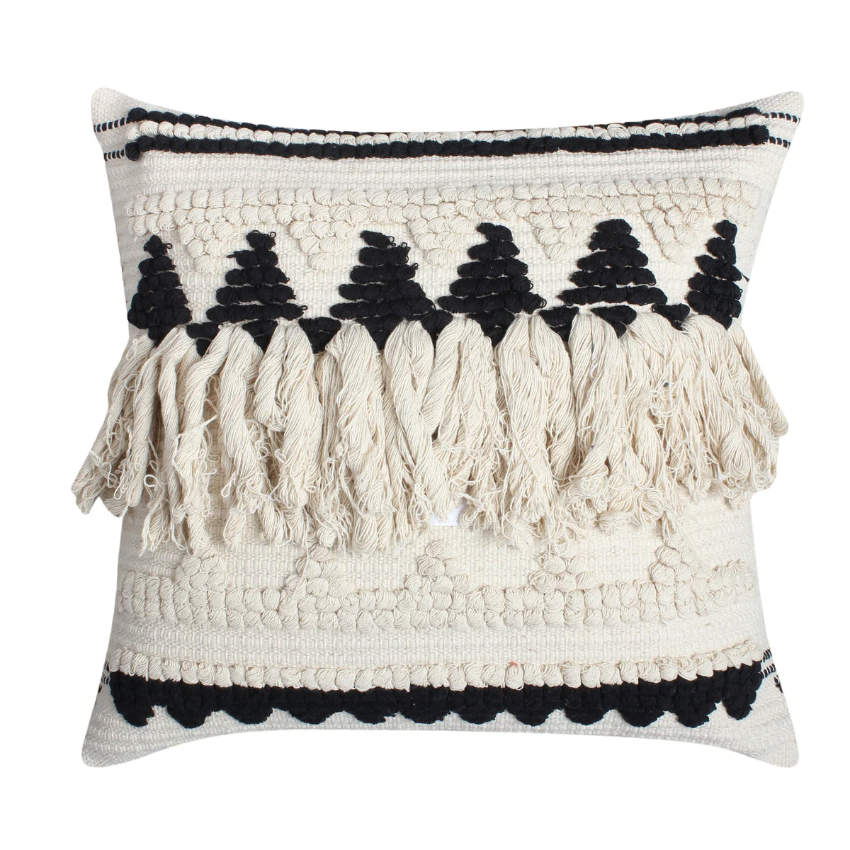 Benzara BM221678 20 x 20 Handwoven Cotton Accent Pillow with Fringe Details, White and Black