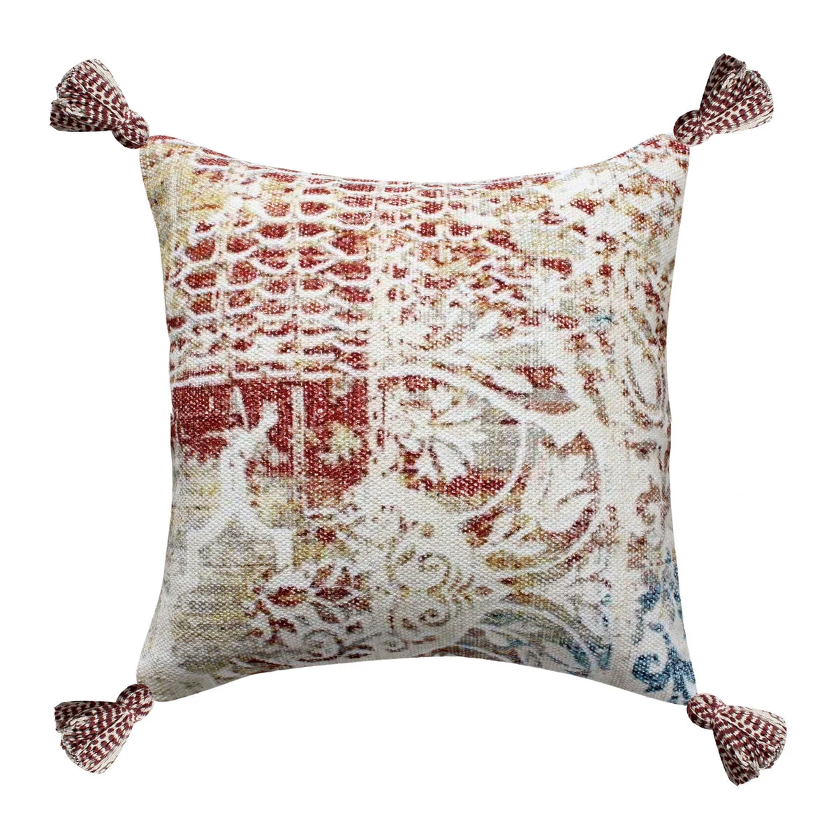 Benzara BM221697 18 x 18 Cotton Accent Pillow with Floral Print, Red and White