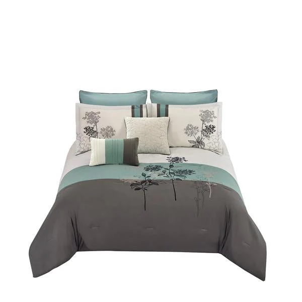 Benzara 8 Piece Queen Polyester Comforter Set with Floral Embroidery, Multicolor