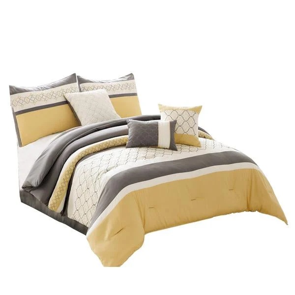 Benzara Quatrefoil Print Queen Size 7 Piece Fabric Comforter Set, Yellow and Gray