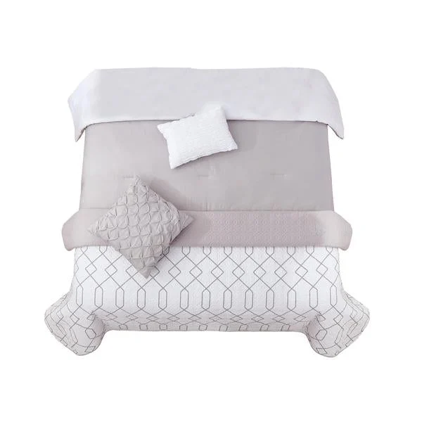 Benzara 8 Piece Full Size Fabric Comforter Set with Geometric Prints,White and Gray