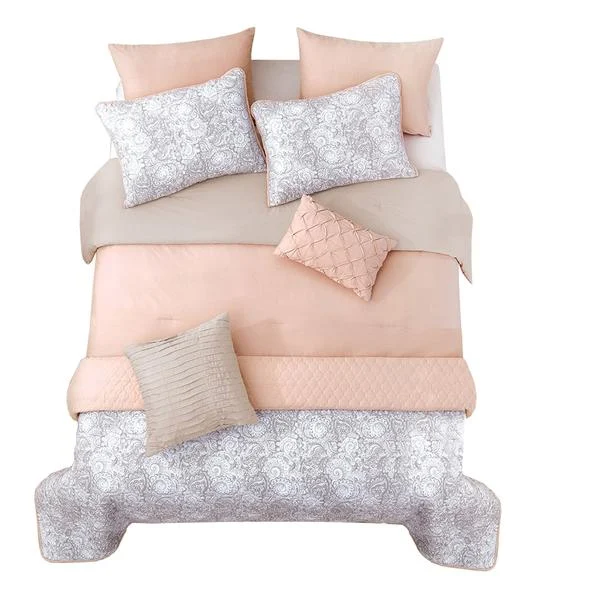 Benzara 8 Piece Queen Comforter and Coverlet Set with Floral Swirl Pattern, Pink