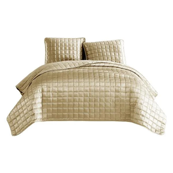 Benzara 3 Piece Queen Size Coverlet Set with Stitched Square Pattern, Gold