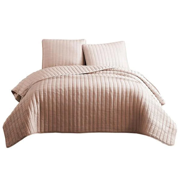 Benzara 3 Piece Crinkles Queen Size Coverlet Set with Vertical Stitching, Pink