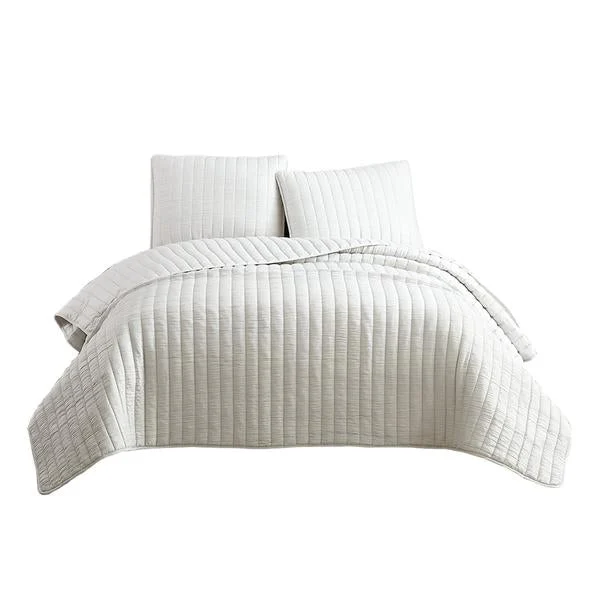 Benzara 3 Piece Crinkles King Size Coverlet Set with Vertical Stitching, White