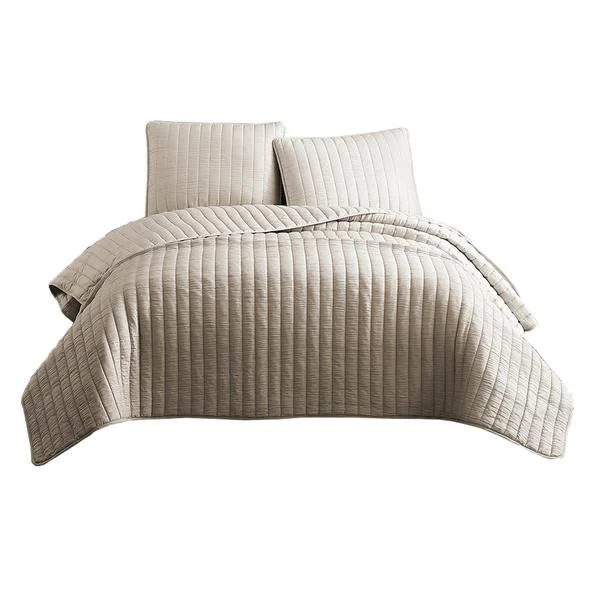 Benzara 3 Piece Crinkle Queen Size Coverlet Set with Vertical Stitching, Pink