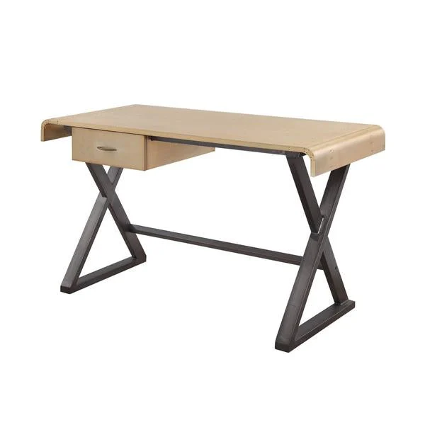 Benzara Aluminum Patchwork Rectangular Desk with X Trestle Base, Gold and Black