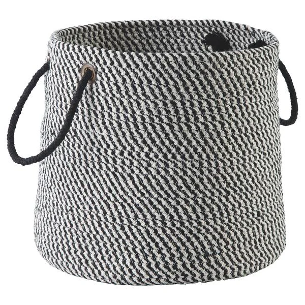 Benzara Round Shaped Fabric Basket with Braided Handles, Black and White